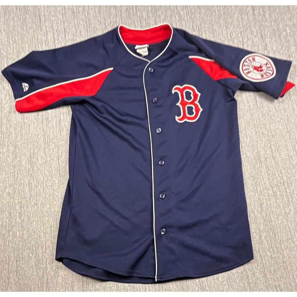 Vintage Majestic Boston Red Sox Navy Blue Jersey Small Mens Blank Button Up READ